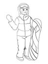 Coloring. Coloring page of a happy waving girl with a snowboard.